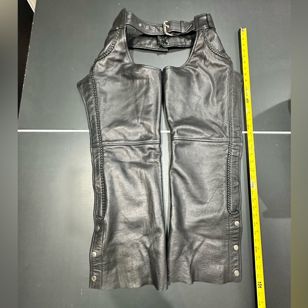 Eagle Black Leather Motorcycle Chaps Braided XS Thick Leather Adjustable Waist